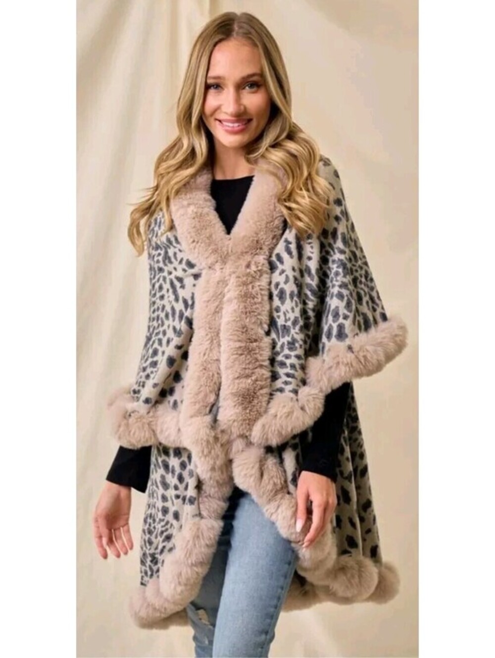 Northern Angel Small Medium S/M Taupe Faux Fur Shawl Fine Knit Open Front Cape